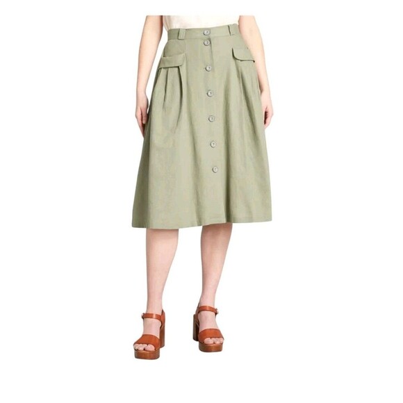 Modcloth Effortless Feature Midi Skirt Sz 2 Linen Blend Olive Green Pockets F243 - Picture 13 of 13